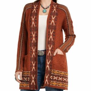 Lucky Brand Rust Aztec Southwest Boho Open Cardigan Sweater Size M
